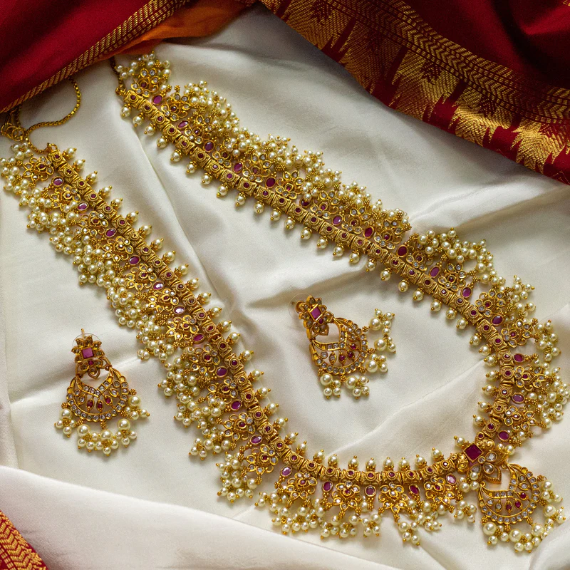 Matte Finish Chaandini Bridal Guttapusalu Haram set – Ruby